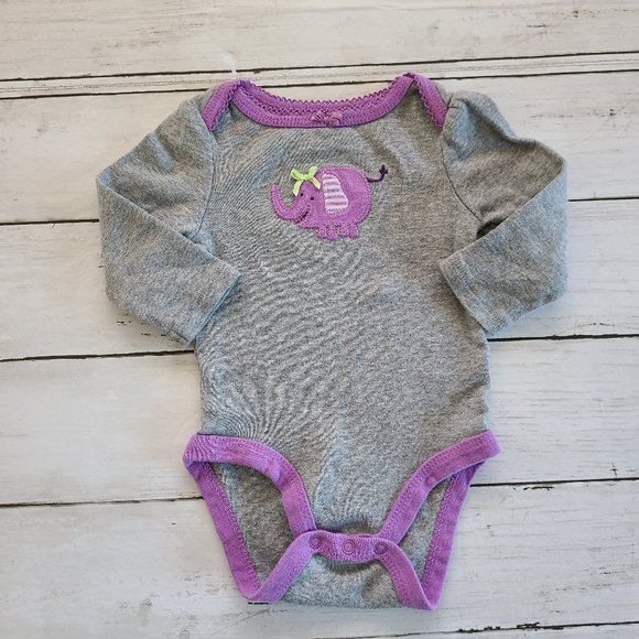 ♡ 5/$20 - Circle Girl's Gray Purple Elephant Long Sleeve Bodysuit 0-3mo. - Picture 6 of 6